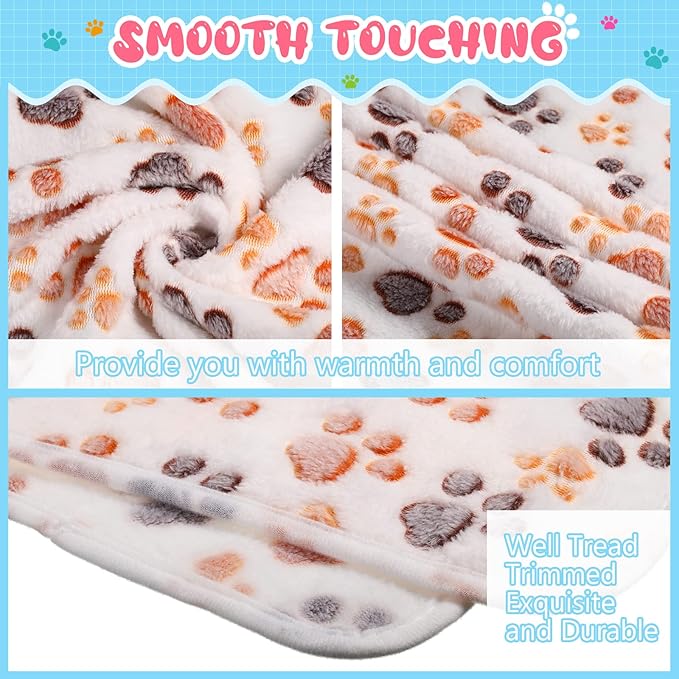 Tatuo 4 Pack Fleece Dog Blankets for Puppy Cats Multi-Size Sleep Mat for Pet Guinea Pig Soft Washable Warm Crate Bed Puppy Teething Toys Print Pattern Blanket Indoor(White,24 x 16 Inch,Paw)