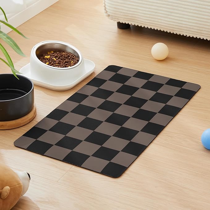 Checkered Dog Feeding Mat, Absorbent Mats for Dog Food and Water Bowl, Dispenser, Aesthetic Orange Checkerboard Pet Placemat for Dogs, Cats, Puppy Accessories (Brown, 16 x 24)
