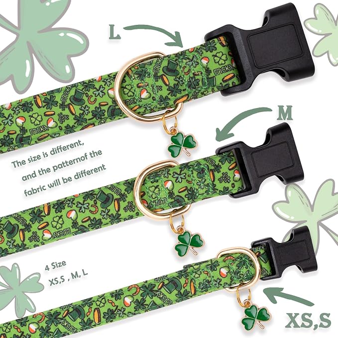 Faygarsle St Patrick's Day Dog Collar Cute Holiday Collar for Small Medium Large Dogs Green Trefoil Print Lucky Straw Cotton Dog Collar L