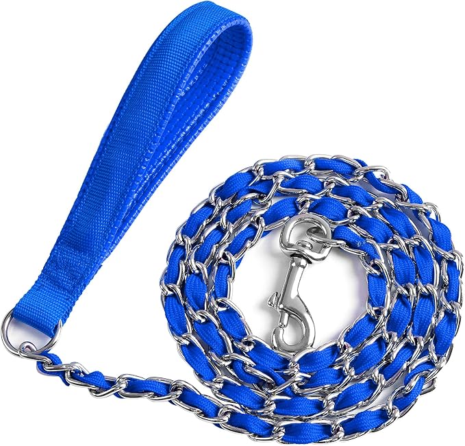 Heavy Duty Metal Dog Chain Leash with Comfortable PU Leather Padded Handle, Chew Proof for Medium Large Pooch Walking Training (4FT 3.0mm Blue)