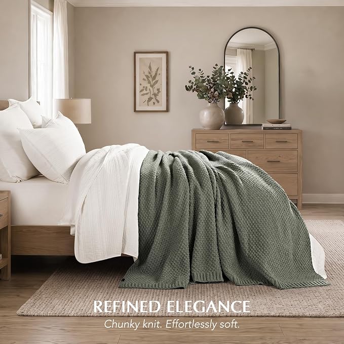 EVERGRACEHOME Chunky Chenille Knit Throw Blanket for Couch, Soft Luxurious Oversized Queen Moss Stitch Blanket for Bed, Cozy Farmhouse Knitted Throw for Sofa, Dried Thyme, 90" x 90"