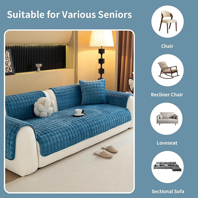Velvet Couch Cover, Plush Sectional Sofa Cover Washable, Anti Slip Sofa Slipcover for 3-4 Cushions Sofas, Furniture Protector Covers for Pets & Kids(1PC, Teal Blue, 35.4"×82.6", 3-4 Seater)