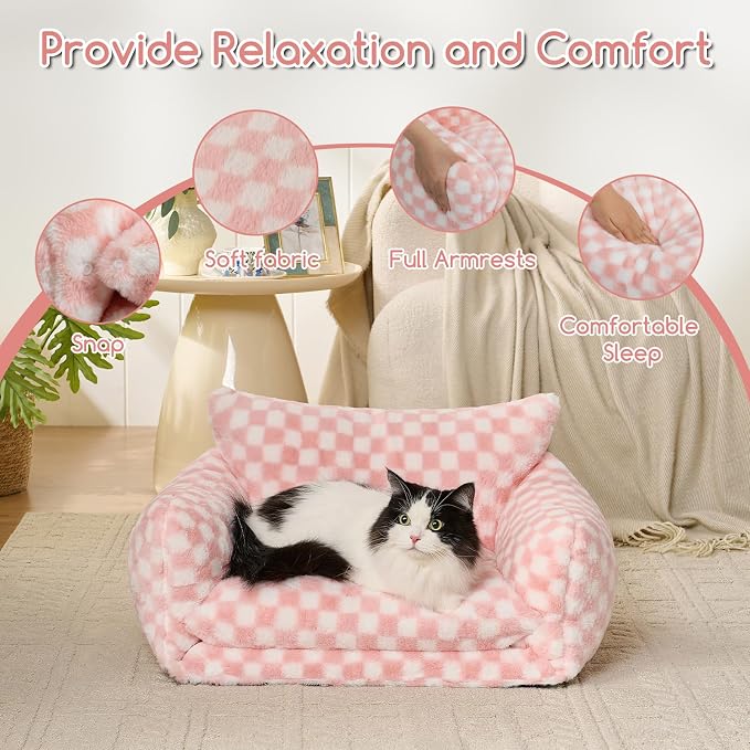 Hollypet Cat Bed Fluffy Plush Multifunctional Double-Layer Machine Washable Soft Warming Kitty Pet Couch Orthopedic Nest Beds for Small Cats Kitten and Dogs up to 13lbs, Pink and White(25x20x13 inch)