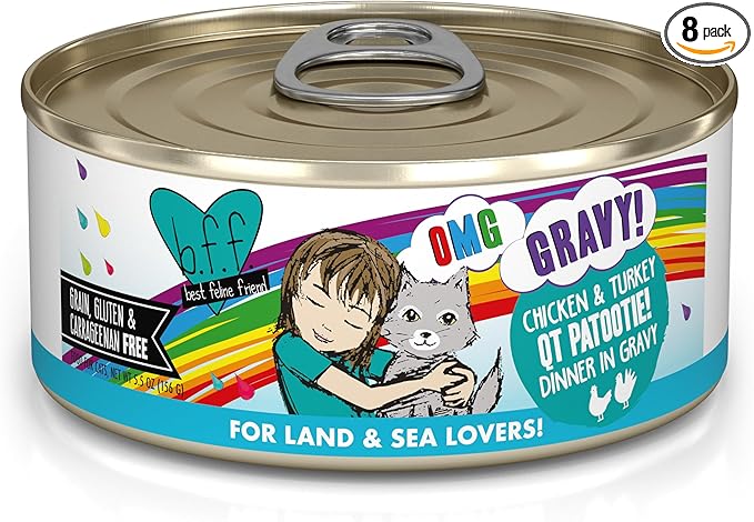 Weruva B.F.F. OMG - Best Feline Friend Oh My Gravy!, QT Patootie! with Chicken & Turkey in Gravy Cat Food, 5.5oz Can (Pack of 8)