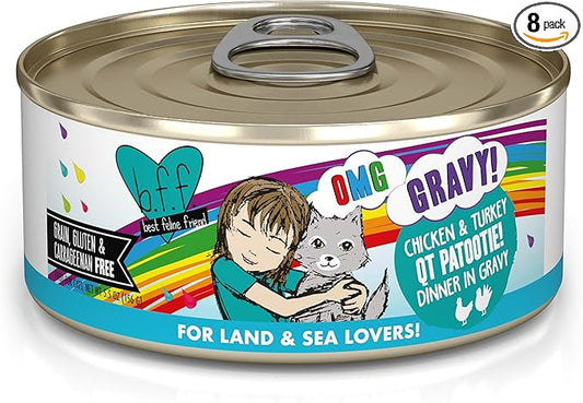 Weruva B.F.F. OMG - Best Feline Friend Oh My Gravy!, QT Patootie! with Chicken & Turkey in Gravy Cat Food, 5.5oz Can (Pack of 8)