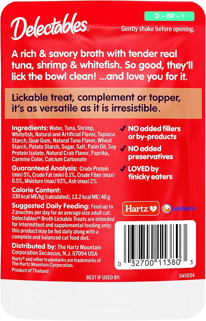 Delectables Lickable Treat Savory Broth Wet Cat Treat with Real Tuna & Shrimp, Food Topper, Hydrating, Grain-Free, No Fillers, No By-Products, No-Added Preservatives, 1.4oz Pouch (Pack of 24)