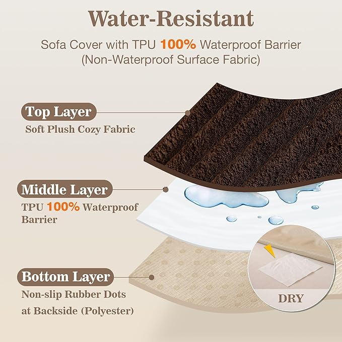 MYSKY HOME 100% Waterproof Couch Cover, Couch Covers for Dogs, Non Slip Couch Covers for Sectional Sofa, Couch Cover for 3 Cushion Sofa, Sofa Covers Washable Dog Bed Cover, Chocolate, 35"x70.9"