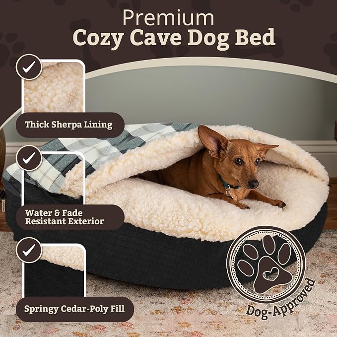 Snoozer Cozy Cave Dog Bed - Indoor Dog Bed with Cover Cave, Covered Calming Burrow for Medium & Large Sized Pets with Blanket Attached, Enclosed, Removable Washable Cover - XL, Barkley Black Diamond