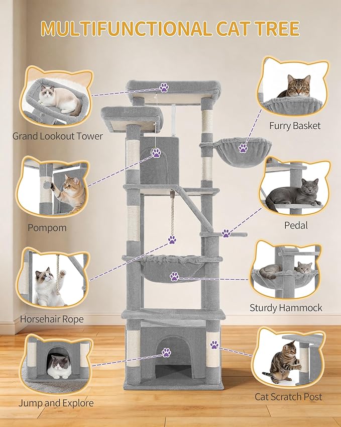 Hzuaneri Large Cat Tree, 72 Inch Tall Indoor Cat Tower for 6 Large Cats, Corner Climbing Activity Pet Condo with 2 Large Platforms/2 Cats House/6 Scratching Post/1 Hanging Basket, Light Gray MS18318LG
