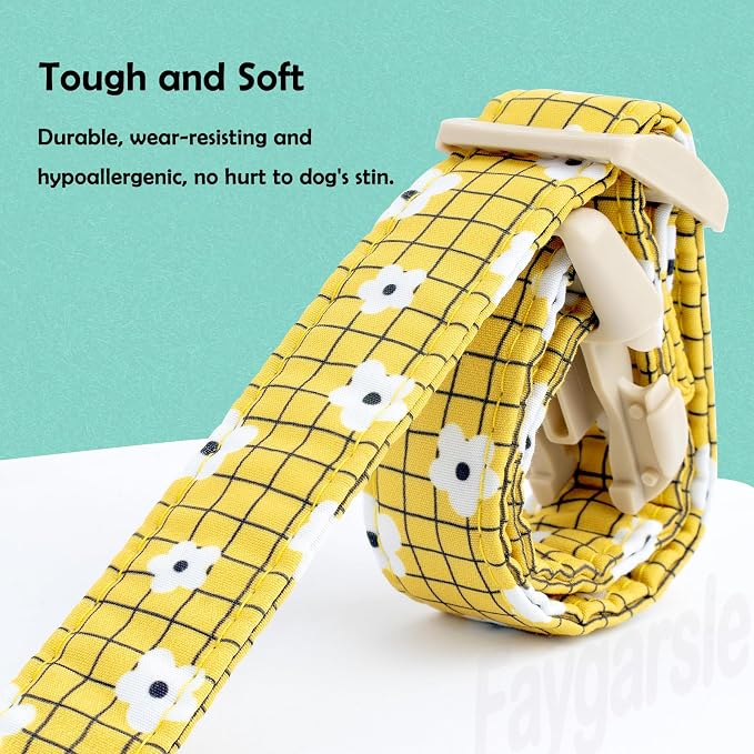 Faygarsle Floral Plaid Pattern Dog Collar, Yellow with White Flowers Summer Spring Design for Small Medium Large Dogs S