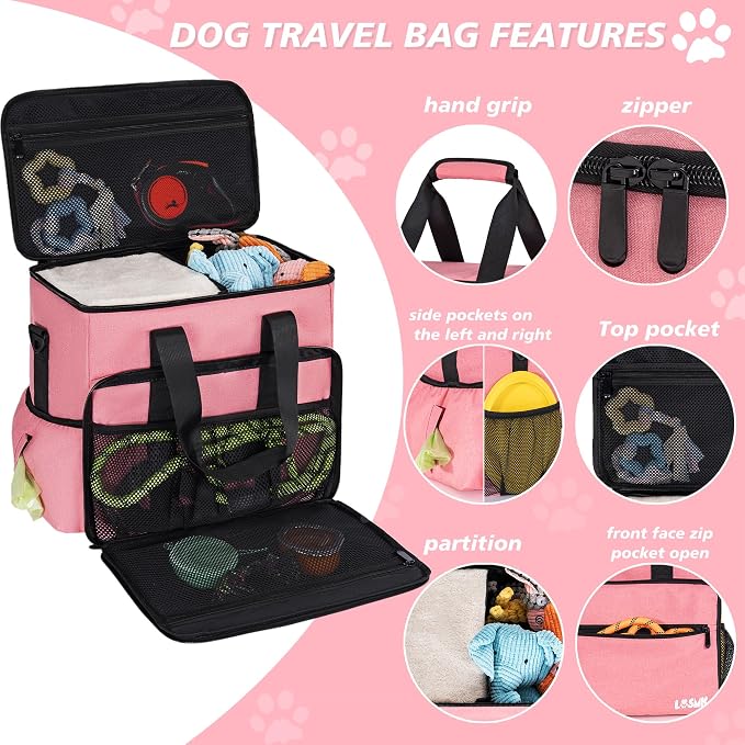 5 Set Dog Travel Bag for Supplies, Dog Lovers, Large Pet Travel Kit Includes 2 Food Containers, 2 Collapsible Bowls, Pink