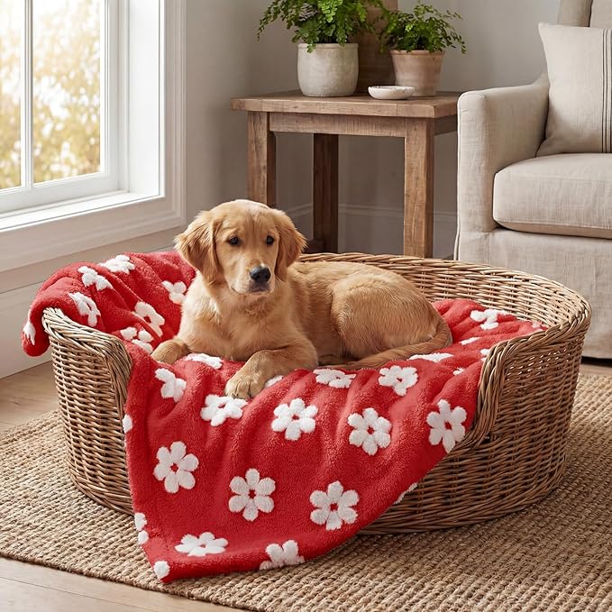 Horaldaily Pets Flannel Blanket, Red Flowers 3D Textured Soft Fuzzy Fluffy Plush Cozy Fleece Premium Blankets for Dog Cat Puppy Kitten Couch Protection, 30x40