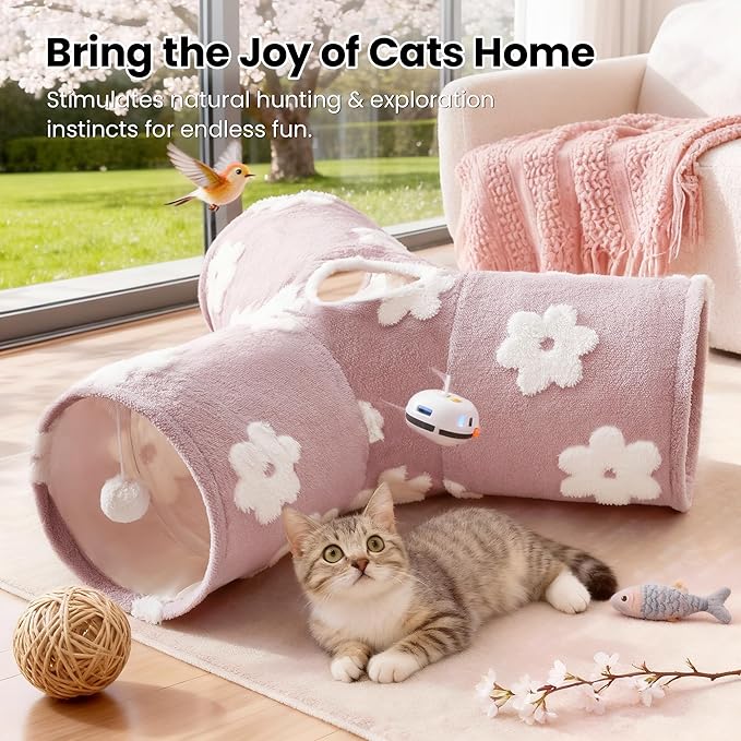 Tempcore Flannel Cat Tunnel for Indoor Cats, 3 Way Collapsible Pet Play Tunnel with Teaser Wand, Peek Holes & Hanging Ball, Interactive Tube for Kittens & Rabbits, Daisy Burlwood