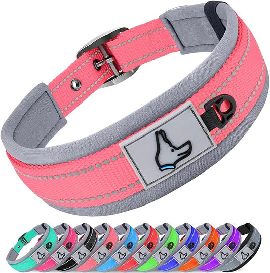 Joytale Dog Collar for Medium Dogs, Neoprene Padded and Adjustable, Reflective Wide Heavy Duty Pet Collars with Durable Metal Belt Buckle for Walking, Pink, M