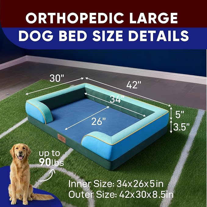 Comfort Expression Orthopedic Dog Bed for Extra Large Dogs 42x30 Inch, Waterproof Egg Crate Foam XL Pet Bed with Bolsters, Dog Couch with Washable Cover & Non-Slip Bottom, Dallas