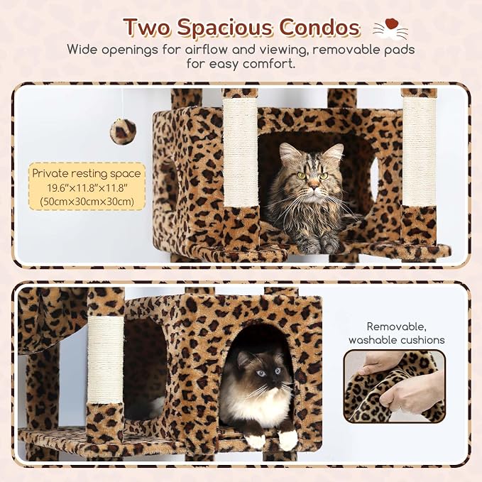 Globlazer Heavy Duty Cat Tree, 74inch Sturdy Cat Tower for Large Cats Adult, Big Cat Tree with 7 Sisal Scratching Posts, 2 Padded Cat Condos, 2 Hanging Baskets, Enlarged Top Perch, S74, Leopard Print
