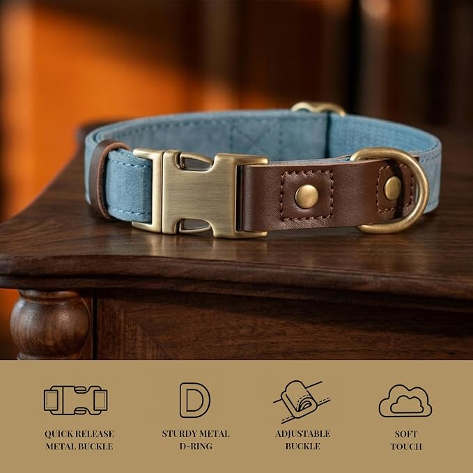 Didog Soft PU Leather Dog Collar for Large Dogs,Classic Adjustable Dog Collars with Quick Release Metal Buckle,Easy Clean and Comfortable with Nylon Lining,Denim Blue,L Neck 16-23"