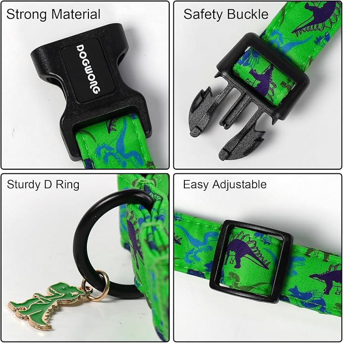 DOGWONG Dinosaur Dog Collar for Medium Dogs, Adjustable Cute Boy Dog Collars, Green Summer Boy Dogs Collars for Small Medium Dogs, Neck 14-21 inches