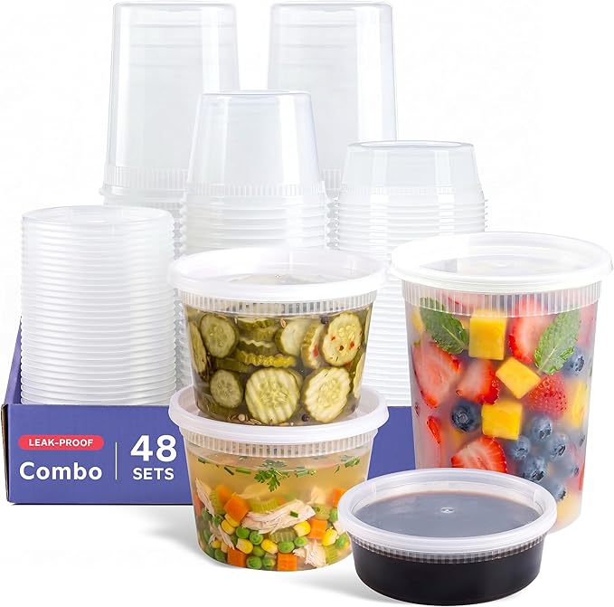 GUSTO To Go Food Containers with Lids [8 oz, 16 oz, 32 oz - 48 Count] - Deli Plastic Food Storage Containers with Lids for Meal Prep, Leftovers, and Freezer Storage - Formerly Comfy Package