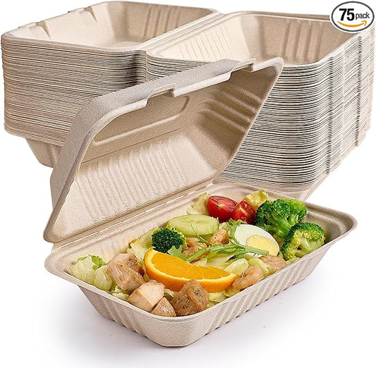 ECOLipak 75 Pack Clamshell Take Out Food Containers, 100% Compostable To Go Containers Disposable, 9X6 inch Heavy-Duty To Go Boxes, Eco-Friendly Biodegradable To Go Containers For Food