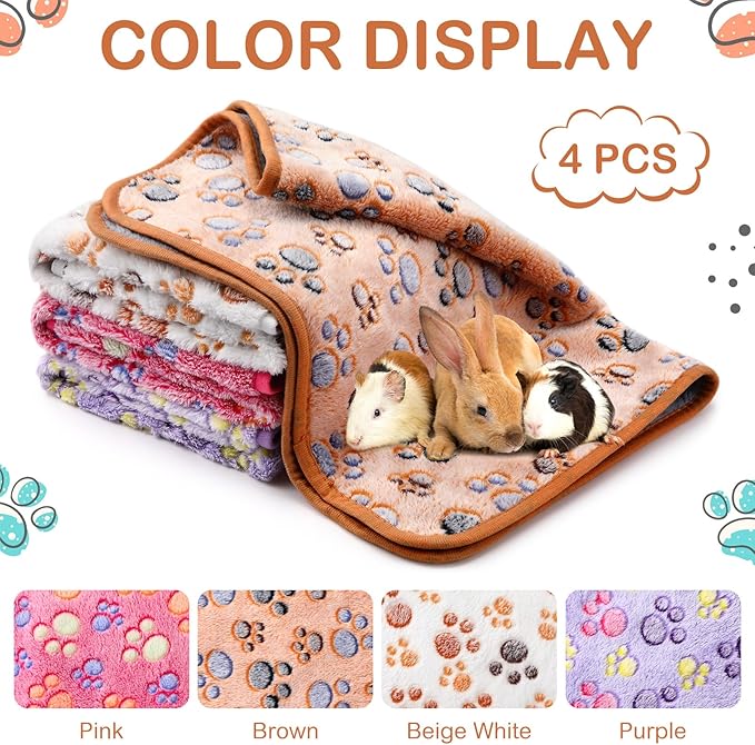 Reginary 4 Pcs Waterproof Guinea Pig Blankets Washable Small Animal Fleece Bedding Absorbent Guinea Pig Cage Liners Reusable Training Pee Pad Pet Sleep Mat for Hamster(Paw Print,12 x 12 Inch)