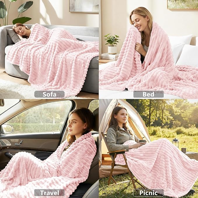 HIMEET Fleece Pink Full Size Blanket for Bed - 300GSM Ribbed Soft Cozy Bedding Blanket, New Home Birthday Gifts for Women Girls Her, College Dorm Essentials Aesthetic Room Decor Throws, 84x90 Inches
