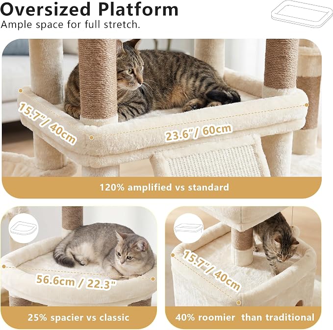 Heybly Cat Tree, 72.4-Inch Anti-Tip Cat Tower for Large Cats, All-in-One Cat Furniture with Spacious Perches, Multiple Interactive Areas, Extra-Large Sisal Scratching Board, Beige HCT060MJ