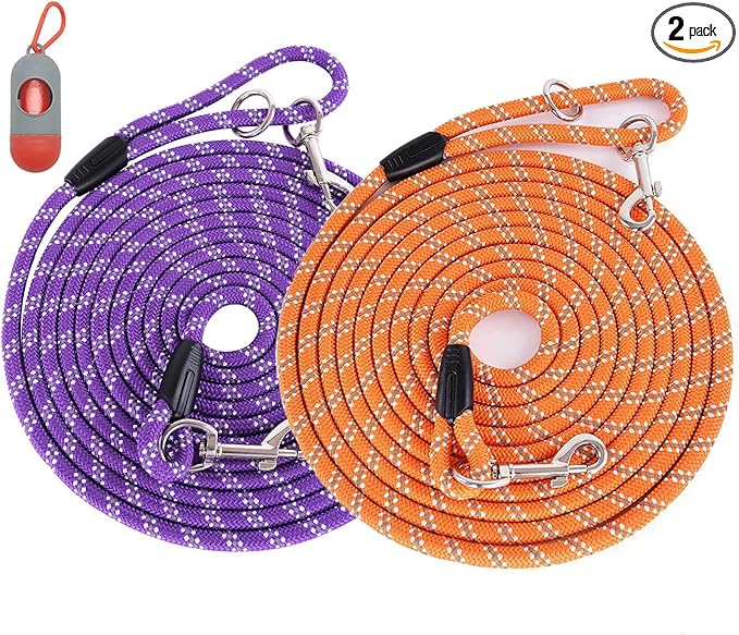2 Pack Orange&Purple 20FT Long Dog Leashes, Heavy Duty Comfortable Dog Lead for Large Medium Small Dogs Outside Walking, Playing, Camping, or Yard