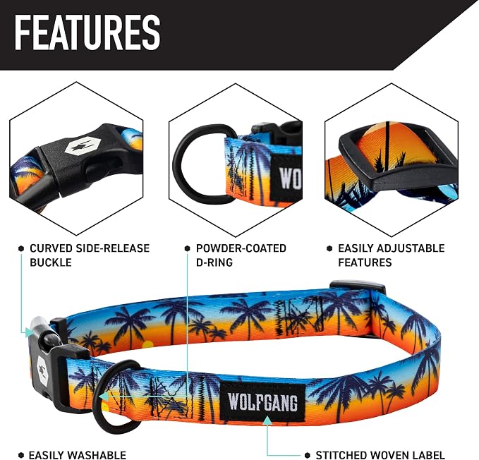 Wolfgang Heavy Duty, Adjustable Dog Collar with Quick Release Nylon Buckle for Walking & Training, SunsetPalms Print, Small