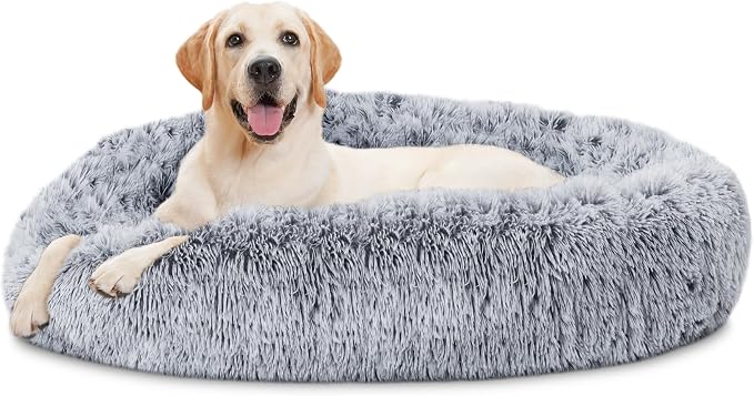 ELSKER&HOME Calming Donut Dog Bed, Washable Warming Soft Round 46 Inches for Large Dogs, Anti-Anxiety Fluffy Plush Cushion Fits up to 160 lbs Pets, Gradient Blue