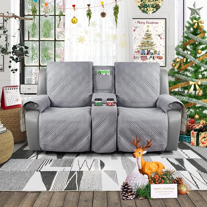 TAOCOCO Loveseat Recliner Cover with Center Console, 100% Waterproof Pet Covers for Dual Recliner with Straps Design, Split Reclining Loveseat Cover Furniture Pet&Kids Protector (2 Seater, Gray)