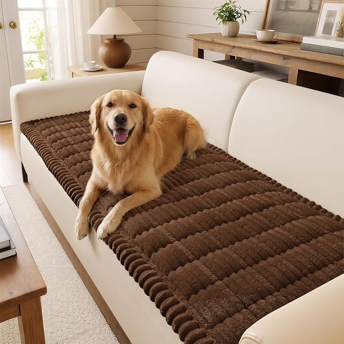 decorUhome Non-Slip Fuzzy Couch Cover for Dogs, Soft Thick Washable Pet-Friendly Protector, Sofa Slipcover for 3 Cushion Couch Sofa, Brown, 27.6" x 70.9"