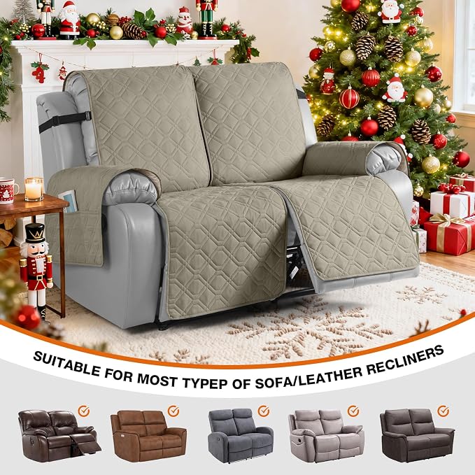VANSOFY Waterproof Recliner Couch Covers, Sofa Covers 1-Piece Washable Reclining Sofa Cover Non-Slip Furniture Protector with Elastic Straps Pocket for Dogs, Pets(Khaki,2 Seater)
