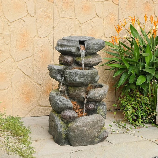 Sunlinua 28.6" H Outdoor Water Fountain with 4 Tiers Cascading Realistic Rock Waterfall Fountains with LED Lights Outdoor Water Fountain for Garden Patio Backyard Porch Home Decor