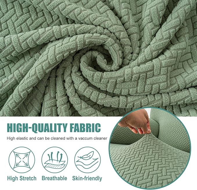 Genina Recliner Loveseat Covers with Console, Stretch Reclining Sofa Covers, 2 Seater Couch Cushion Stripe Jacquard Recliner Slipcovers - Furniture Protector Covers for Pet(Matcha Green)