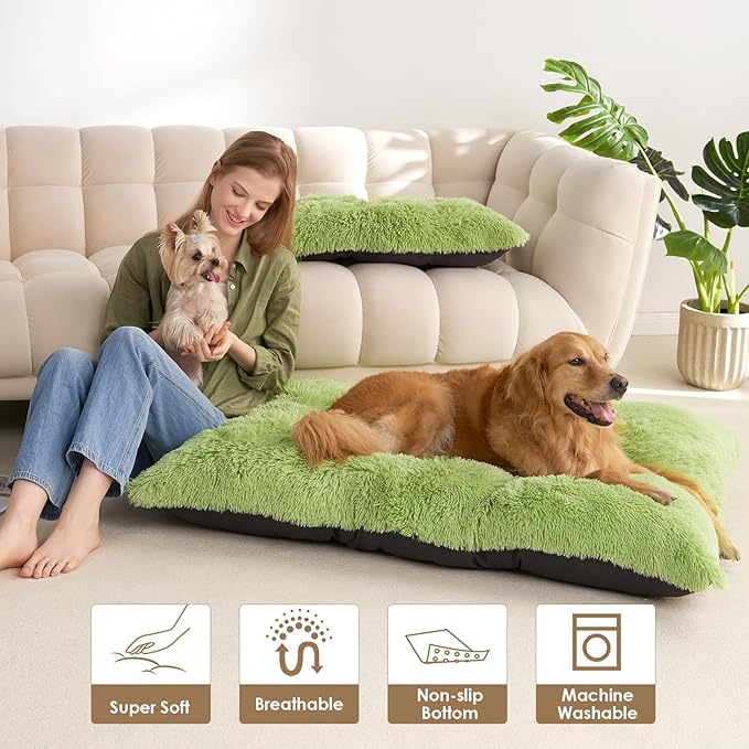 EHEYCIGA Fluffy Dog Crate Bed for Extra Large Dogs, Plush Faux Fur Crate Pad, Calming Anti Anxiety XL Dog Bed, Washable Soft Warm Mat with Non-Slip Bottom, Green