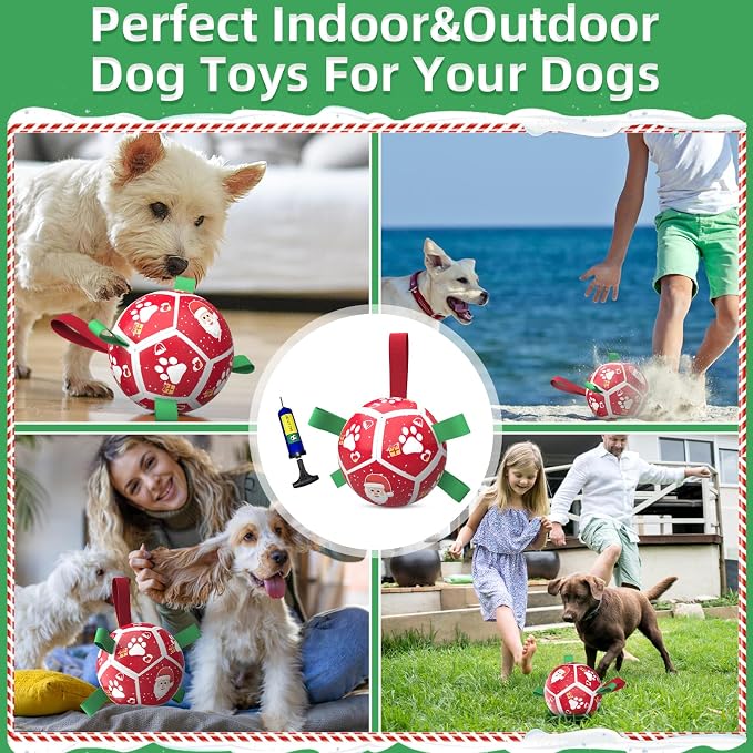 QDAN Small Christmas Dog Toys, Soccer Ball with Straps, Outdoor Interactive Toys for Tug of War, Puppy Birthday Gifts, Water Toy, Durable Dog Balls for Puppy (5 Inch)