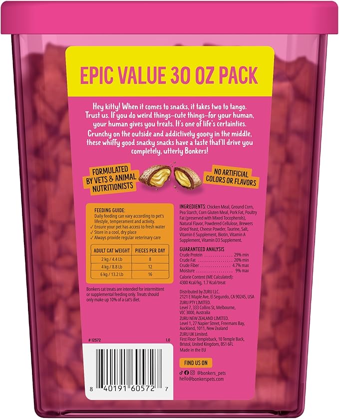 Bonkers Bites Paw Lickin Grain-Free Chicken Crunchy Cat Treats, 30 oz tub