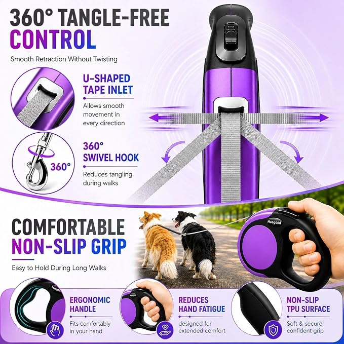 Double Retractable Dog Leash for Two Dogs Up to 50 lbs - 16 ft Coupler Leashes for Small Medium Dogs - One Locked System, Non Slip Grip, Tangle Free (Purple)