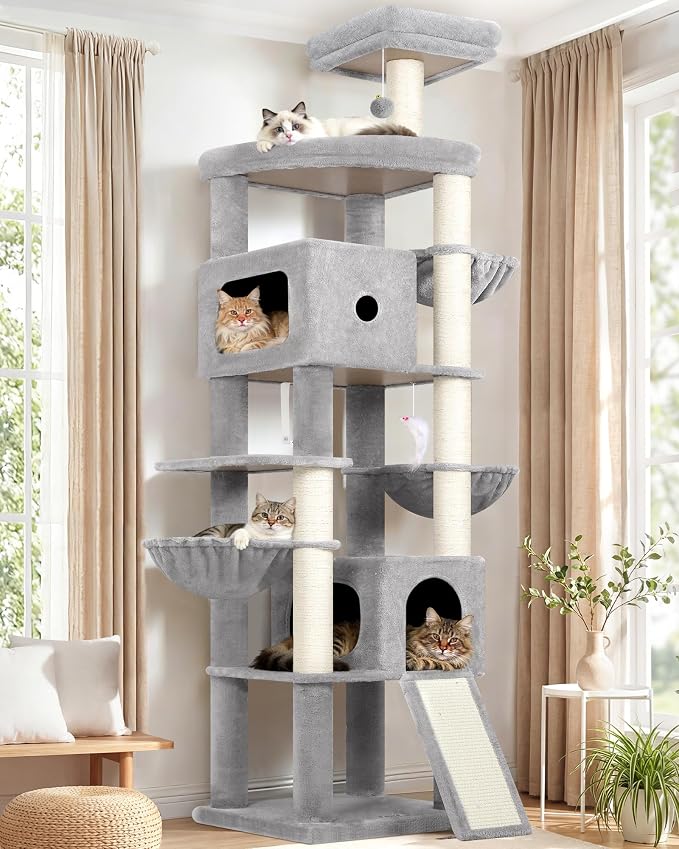 Globlazer 83in Heavy Duty Cat Tree, Giant Cat Tower with 2 Condos & 3 Hanging Baskets, Multi-Level Tall Cat Condo for Large Adult Cats, 7 Scratching Posts, F83C, Light Grey