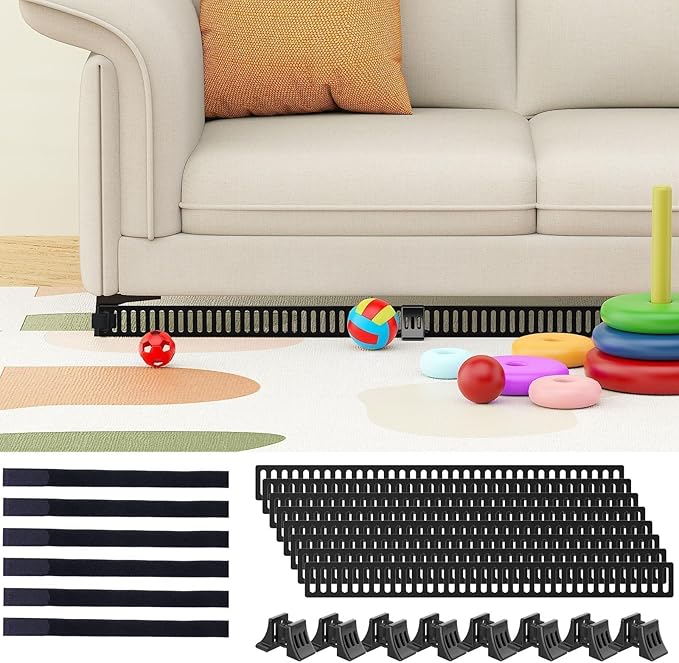 Under Couch Toy Blocker for Kids & Pets – No-Glue Sofa Gap Filler Secured to Sofa Legs, Under Couch Guards, Floor & Carpet Friendly, Quick Install & Removable, 1.6" Height, 8 Pack