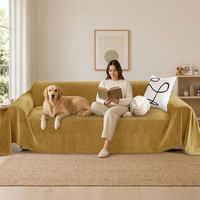 hyha Couch Cover for Dogs, Boho Sofa Covers for 3 Cushion Couch Washable, Chenille Sofa Slipcover for Pets, Soft Loveseat Sectional Couch Throw Blankets with Tassels (Yellow, 71x150 Inch)