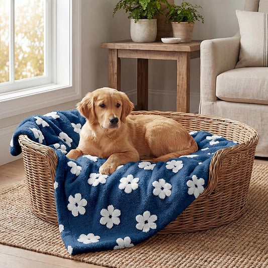 Horaldaily Pets Flannel Blanket, Navy Blue Flowers 3D Textured Soft Fuzzy Fluffy Plush Cozy Fleece Premium Blankets for Dog Cat Puppy Kitten Couch Protection, 16x23