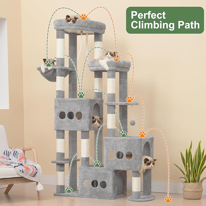 Gitelsnour Sturdy Cat Tree with 3 Large Cat Condos, 3 Platfroms, 71.7'' Cat Tree Tower for Indoor Cats Large Adult, Heavy Duty Cat Tower with 10 Scratching Posts for 20 lbs+Cats, Light Gray GCT036W