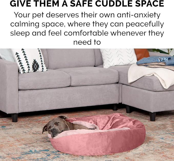 Furhaven 24" Round Calming Donut Dog Bed for Indoor Cats & Small Dogs, Washable, For Dogs Up to 20 lbs - Plush Velvet Waves Hooded Donut Bed - Rose Pink, Small