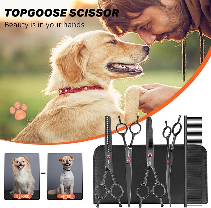 Dog Grooming Scissors Kit, Professional 6 in 1 Pet Scissors Sharp Shears Set - Straight, Thinning, Chunker, Curved Shears and Comb for Long Short Hair for Dog Cat (Set, Black)