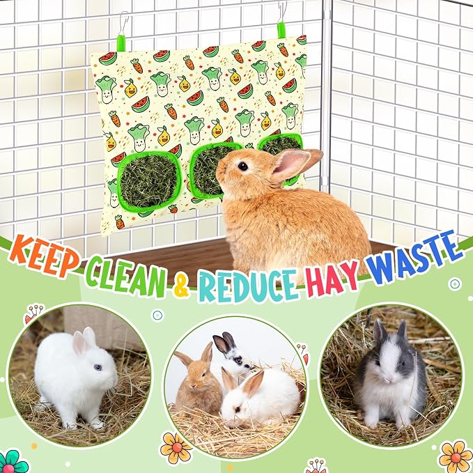 UPINS 2 Hay Bag for Rabbits 3-Hole Hanging Hay Feeder Guinea Pig Hay Bags, Hay Feeder for Rabbits Chinchillas Hamsters Small Pets and Animals