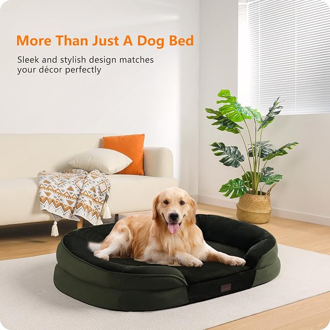 Dwanton Orthopedic Dog Bed for Large Dogs with Gel Memory Foam, Waterproof Dog Sofa, Washable Pet Bed with Four Sided Bolster Cushion, Removable Cover & Non-Slip Bottom, 42", Green