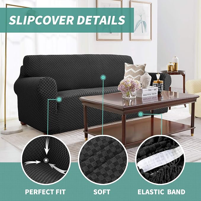 YEMYHOM Couch Cover Latest Jacquard Design High Stretch Sofa Covers for 3 Cushion Couch, Pet Dog Cat Proof Slipcover Non Slip Magic Elastic Furniture Protector (Large, Black Checkered)