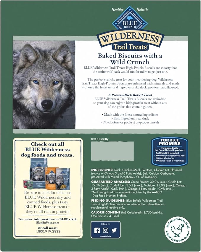 Blue Buffalo Wilderness Trail Treats High Protein Grain Free Dog Biscuits Crunchy Dog Treats, Duck Recipe, 36-oz Box, (Pack of 3)